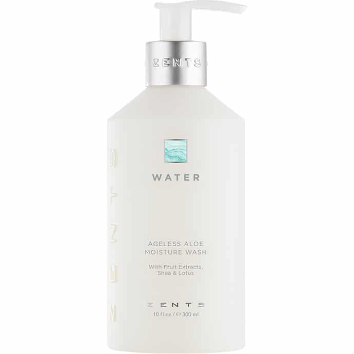 Bottle of Ageless Aloe Moisture Wash | Zents with a white pump dispenser, featuring a minimalist design and light blue water-themed logo for skincare and body care.