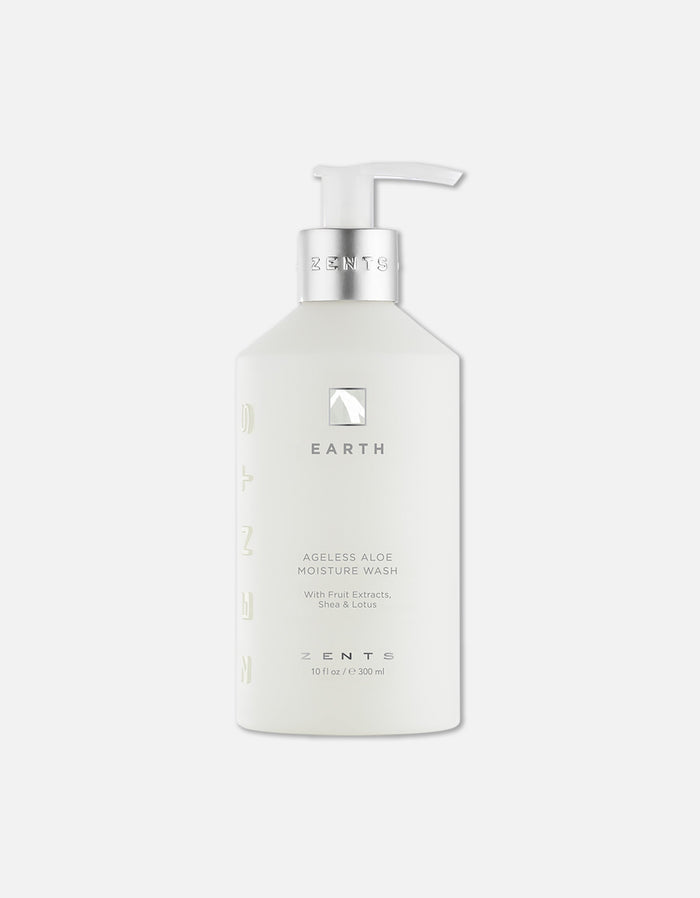 White pump bottle of Ageless Aloe Moisture Wash | Zents featuring a minimalist design, promoting skincare and body care with natural ingredients like aloe, shea, and lotus.