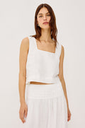 Akira Sleeveless Crop Top with Square Neckline and Wide Shoulder Straps in white Colorway - Front View Featured on Model