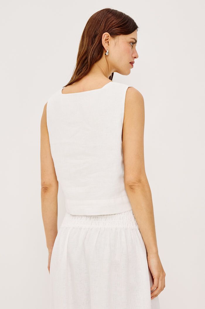 Akira Sleeveless Crop Top with Square Neckline and Wide Shoulder Straps in white Colorway - Front View Featured on Model