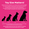 Pink background with white text with a safety notice about choosing the right toy for your dog. With four silhouettes of different sized dogs.