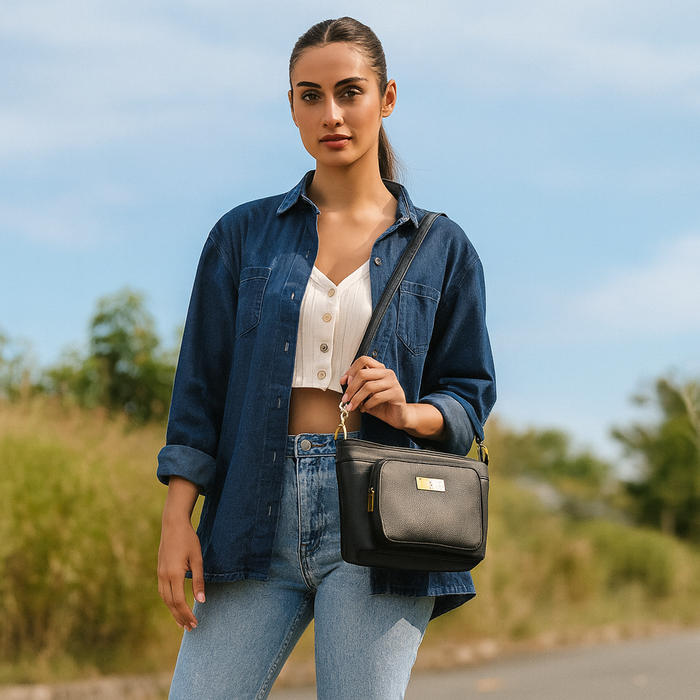 Women's black leather shoulder bag for work, travel, and daily use-model image