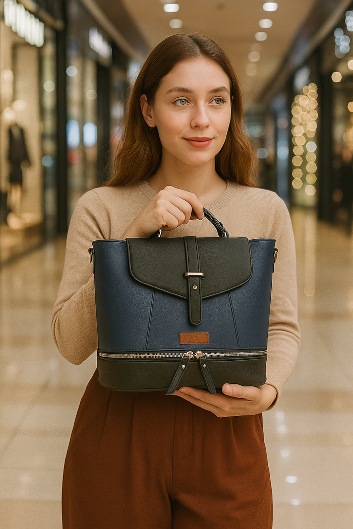 Women’s blue vegan leather convertible backpack purse for everyday, work and travel-model image