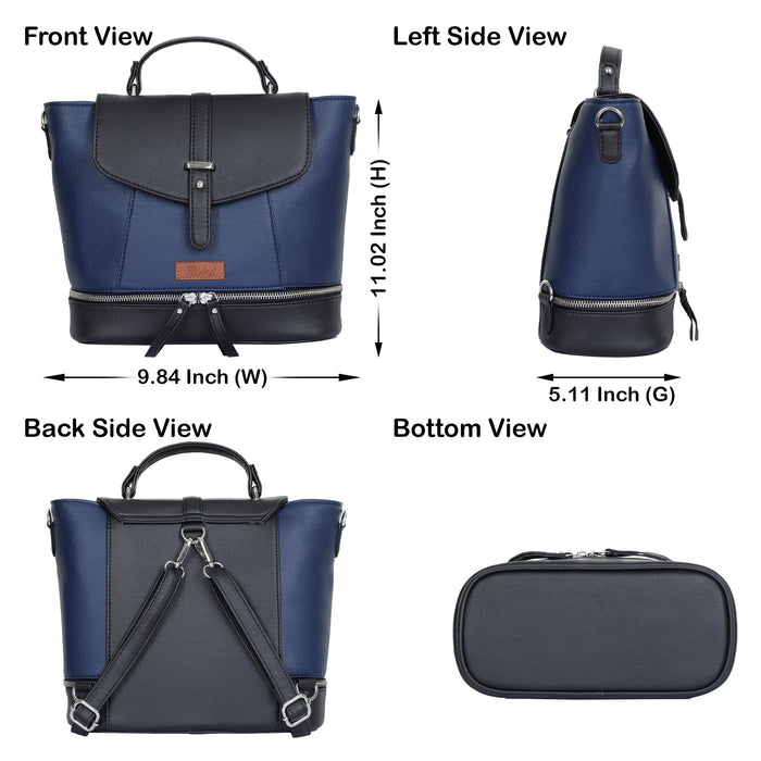 Women’s blue vegan leather convertible backpack purse for everyday, work and travel-infographic image