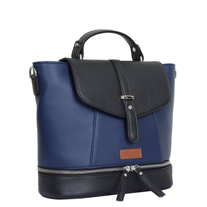 Women’s blue vegan leather convertible backpack purse for everyday, work and travel-half side view