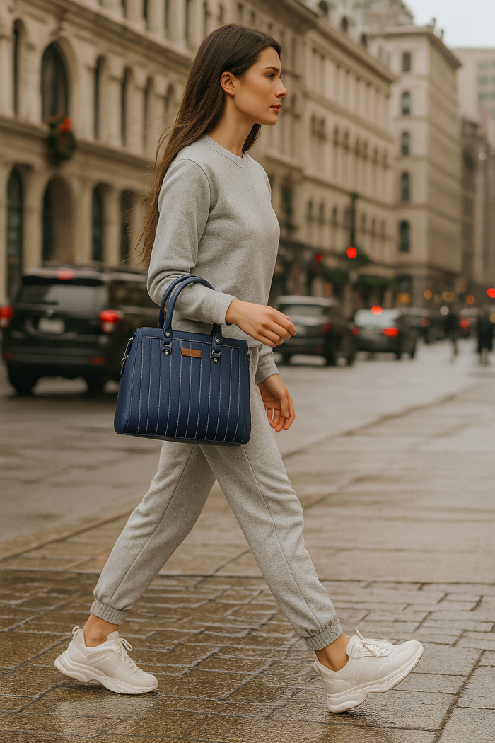 Women’s blue structured vegan leather top handle satchel shoulder handbag-model image