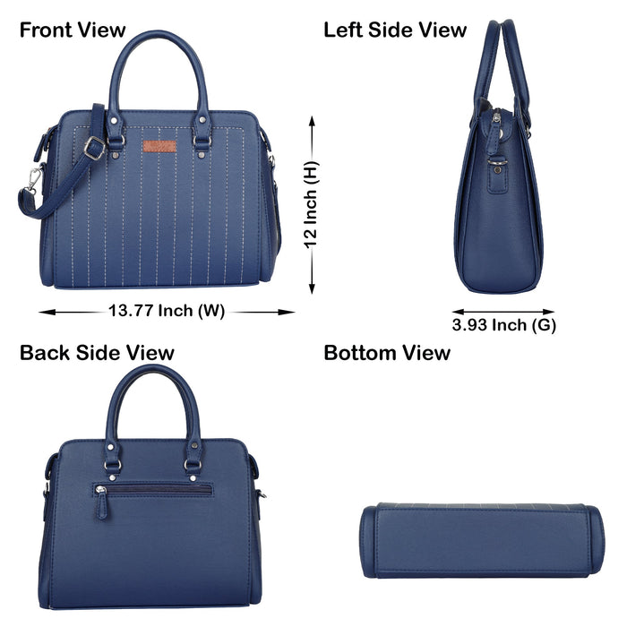 Women’s blue structured vegan leather top handle satchel shoulder handbag-infographic image