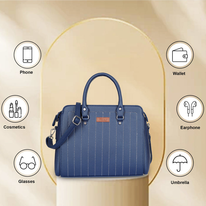 Women’s blue structured vegan leather top handle satchel shoulder handbag-feature view