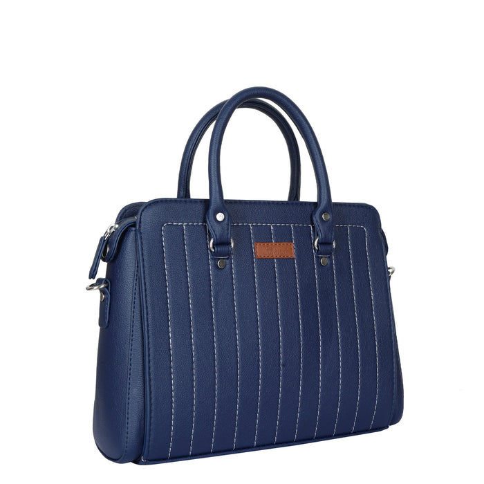 Women’s blue structured vegan leather top handle satchel shoulder handbag-half side view
