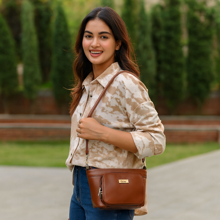 Women's brown leather shoulder bag for work, travel, and daily use-model image