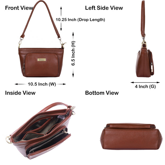 Women's brown leather shoulder bag for work, travel, and daily use-infographic image