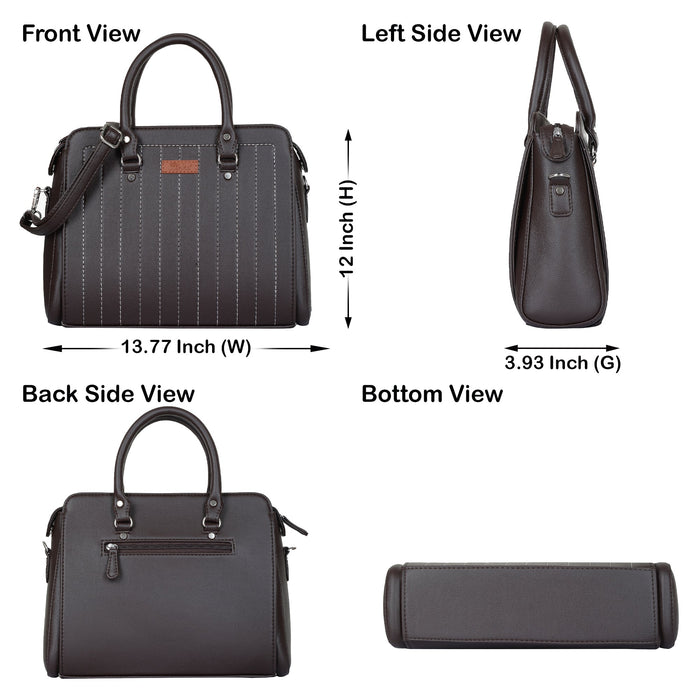 Women’s brown structured vegan leather top handle satchel shoulder handbag-infographic image