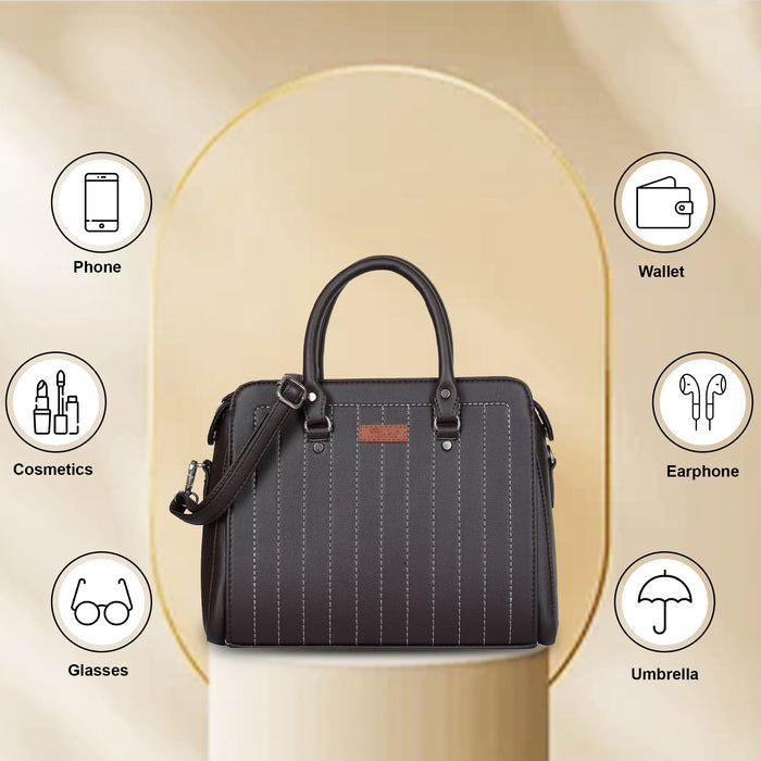 Women’s brown structured vegan leather top handle satchel shoulder handbag-feature image