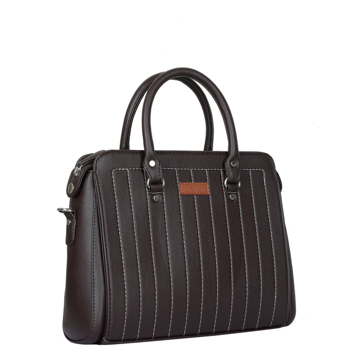 Women’s brown structured vegan leather top handle satchel shoulder handbag-half side view