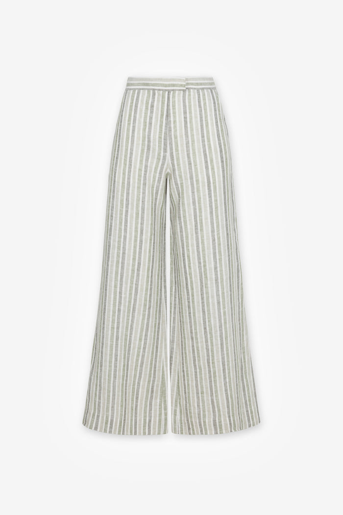 HEVRON Capri Linen Wide-Leg Pant in Sage Stripe, product front view