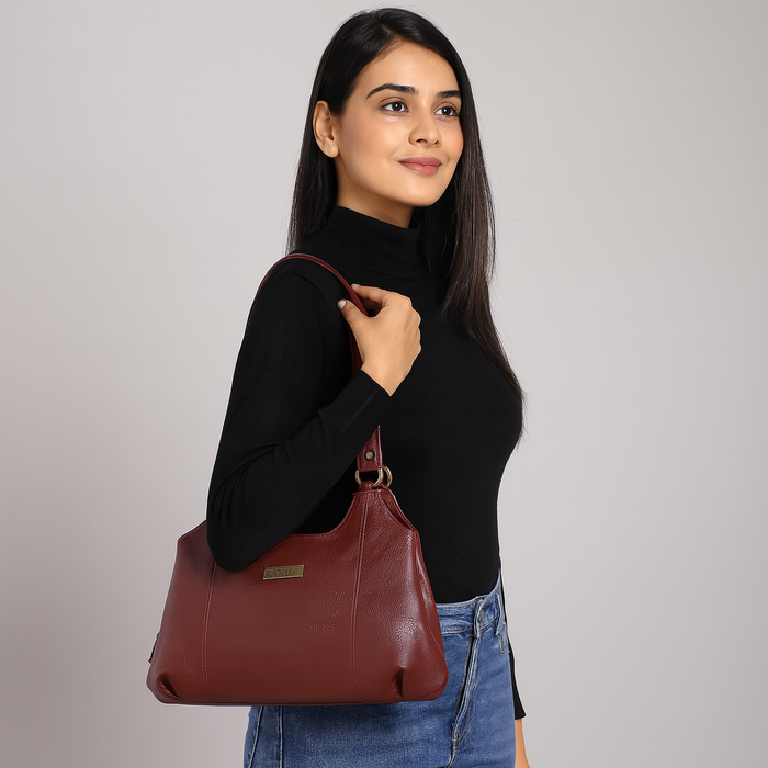 Women's cherry red leather satchel shoulder bag for work, travel, and daily use-model image