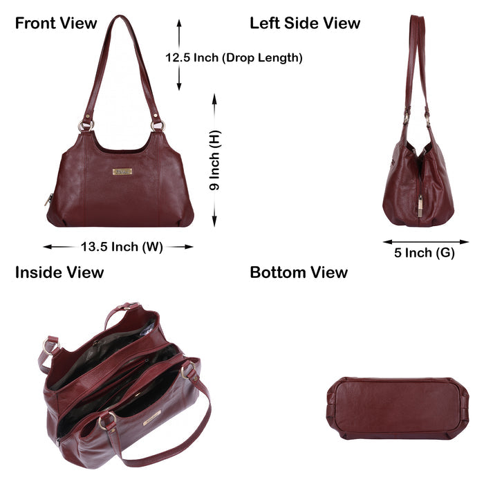 Women's cherry red leather satchel shoulder bag for work, travel, and daily use-infographic image