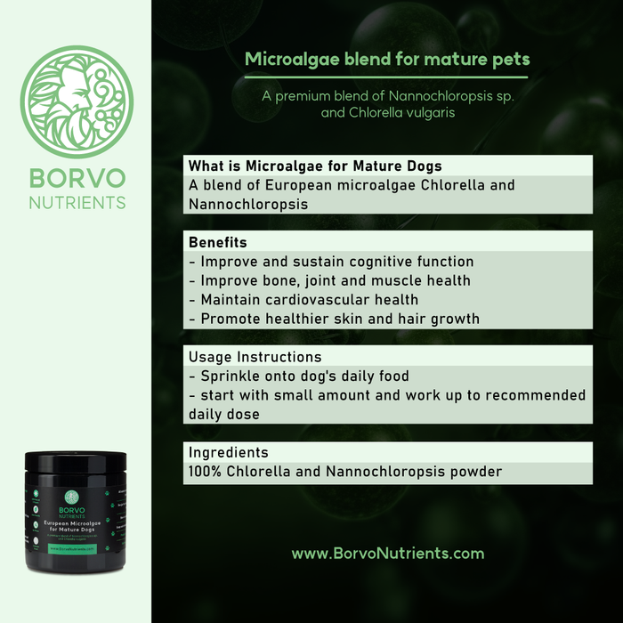 Borvo Nutrients Microalgae Blend for Mature Dogs — supports cognitive function, bone and joint strength, cardiovascular health, and skin vitality