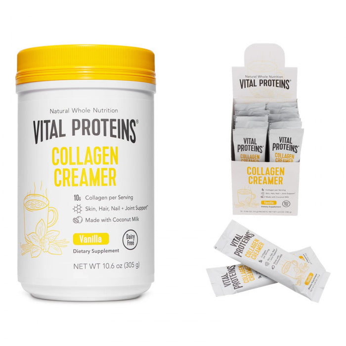 White container with yellow lid of Collagen Creamer - Vanilla | Vital Proteins alongside individual stick packets and a display box, promoting skin, hair, nail, and joint support with coconut milk.