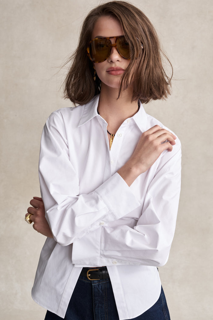 HEVRON Drexel Shirt White Cotton Poplin Shirt, studio shot