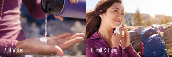 Person adding water to a wipe and then unrolling and using it outdoors, demonstrating the Essential Wipes Plus - Eco Pak (35 wipes) | Functional Botanicals for convenient skincare on the go.