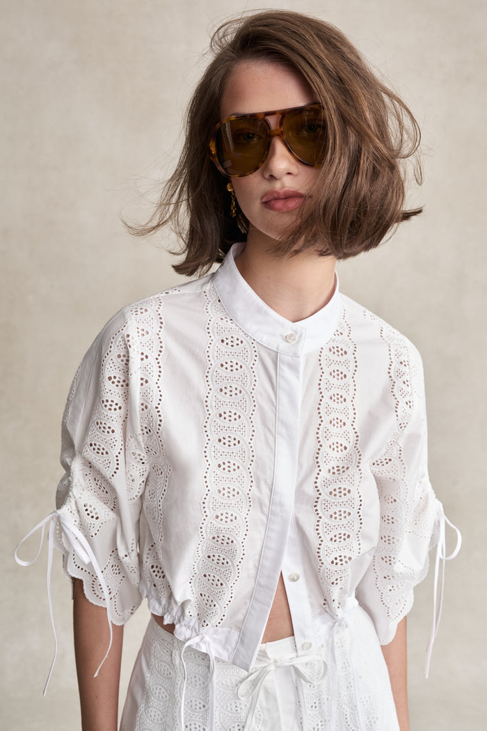 HEVRON Eva Top White Eyelet Crop Shirt, front view