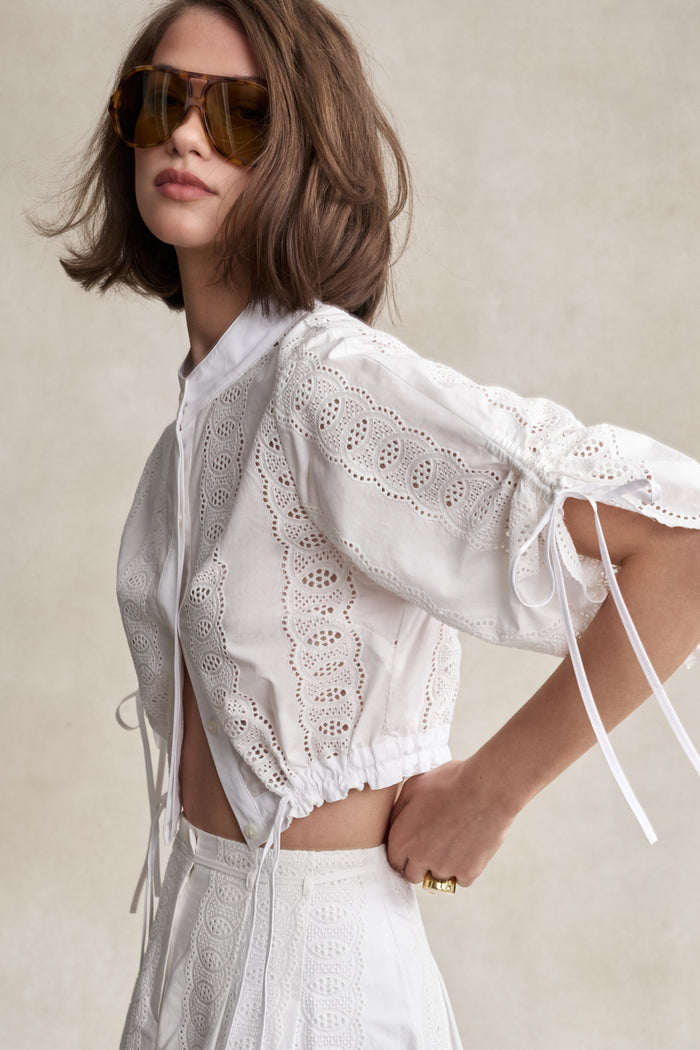 HEVRON Eva Top White Eyelet Crop Shirt, studio shot