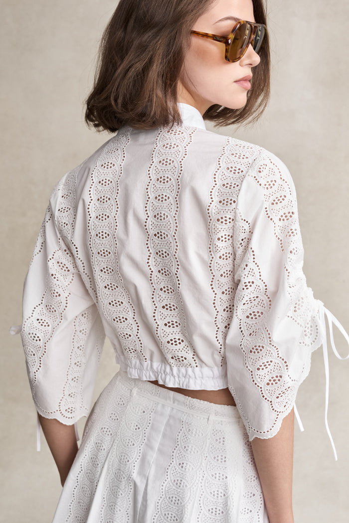HEVRON Eva Top White Eyelet Crop Shirt, studio shot