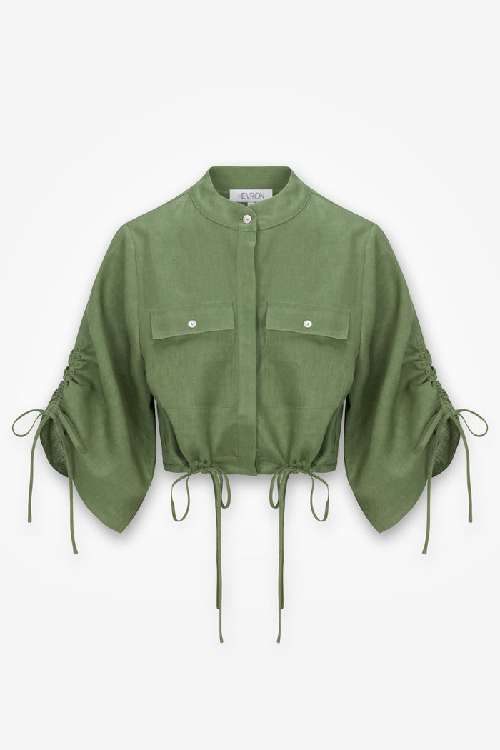 HEVRON Eva Top Sage Linen Crop Shirt, product front view