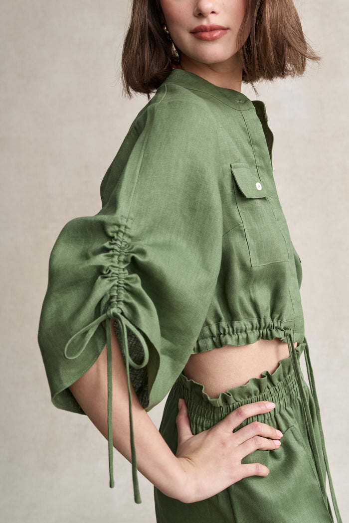 HEVRON Eva Top Sage Linen Crop Shirt, studio shot