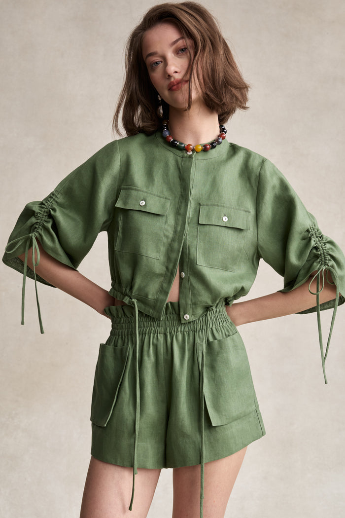 HEVRON Eva Top Sage Linen Crop Shirt, studio shot