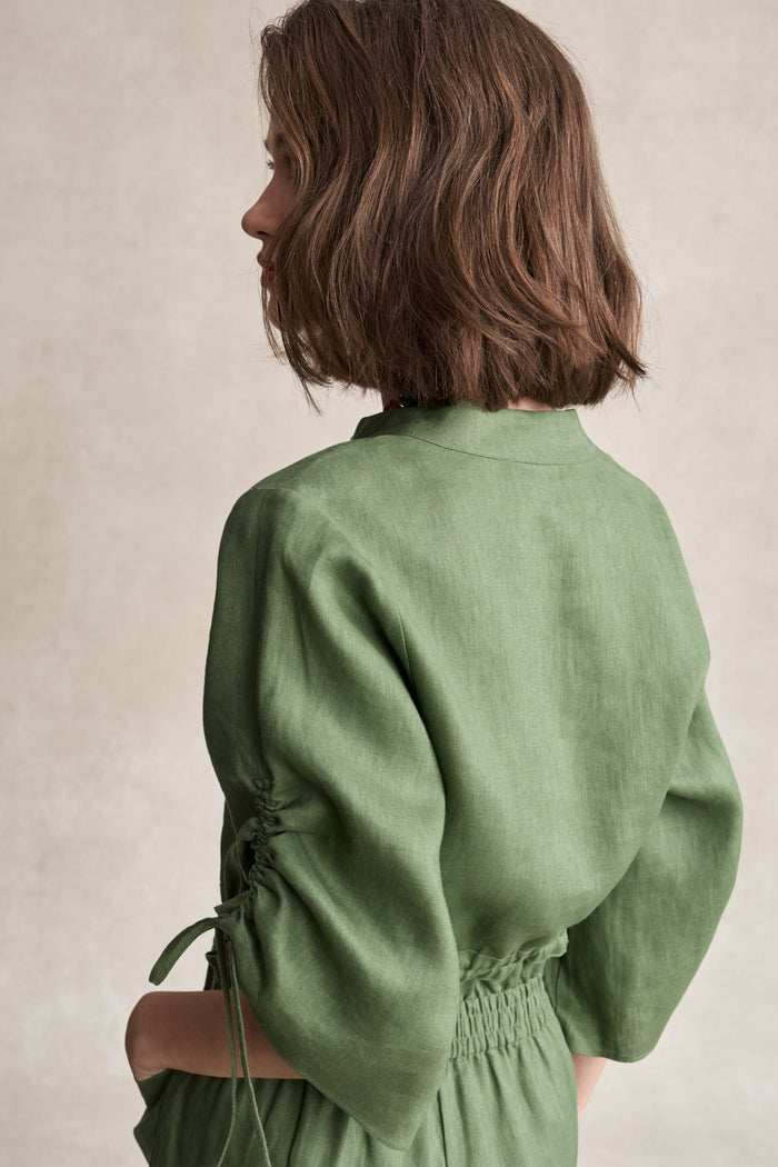 HEVRON Eva Top Sage Linen Crop Shirt, studio shot