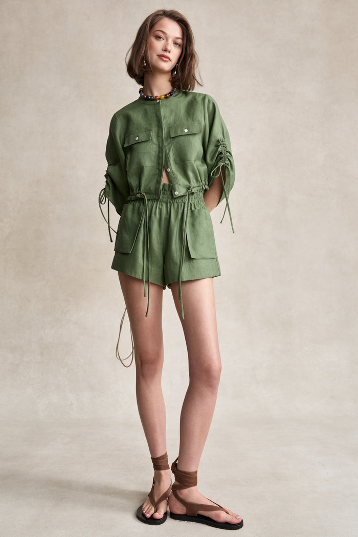 HEVRON Eva Top Sage Linen Crop Shirt, studio shot