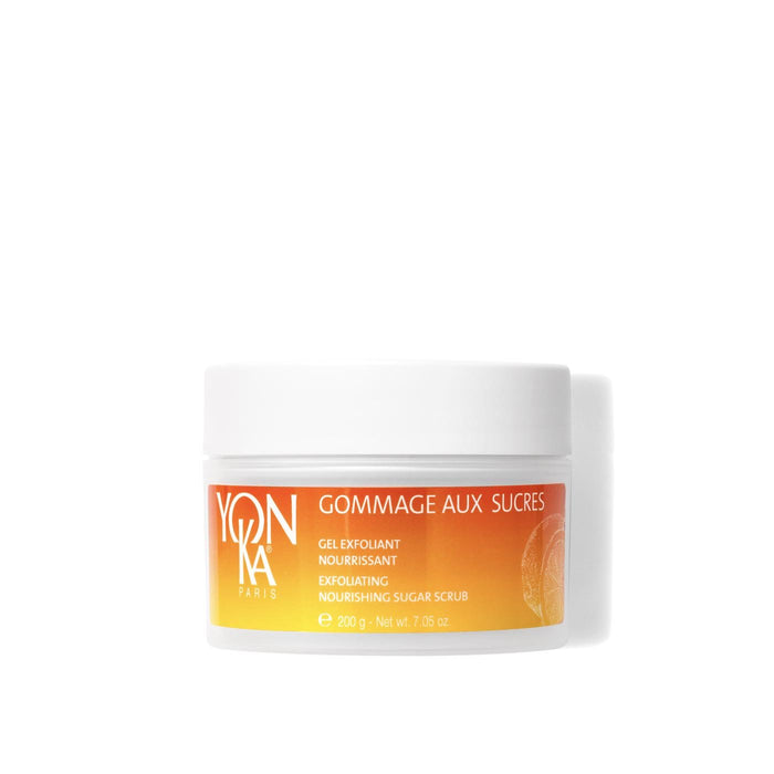 Gommage Sucre Mandarin Body Scrub | Yon-Ka Paris in a white jar with an orange label, featuring nourishing exfoliating sugar scrub for skincare and body care.