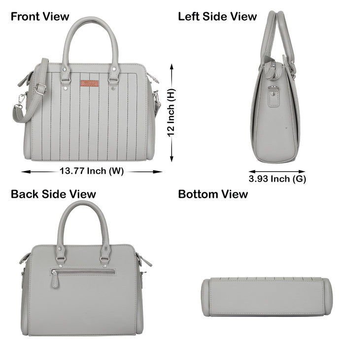 Women’s grey structured vegan leather top handle satchel shoulder handbag-infographic image