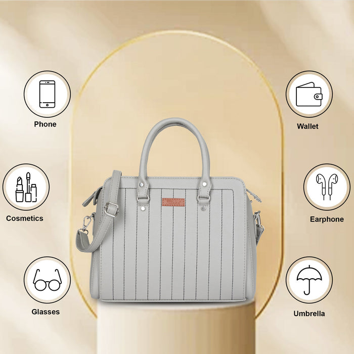 Women’s grey structured vegan leather top handle satchel shoulder handbag-feature image