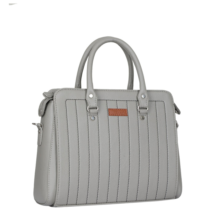 Women’s grey structured vegan leather top handle satchel shoulder handbag-half side view