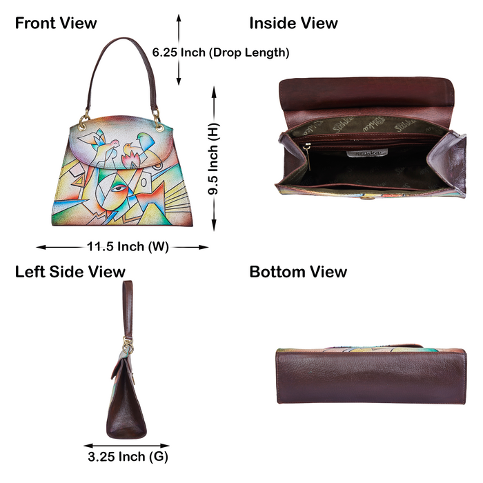 Infographic showing features of the women's abstract art shoulder handbag