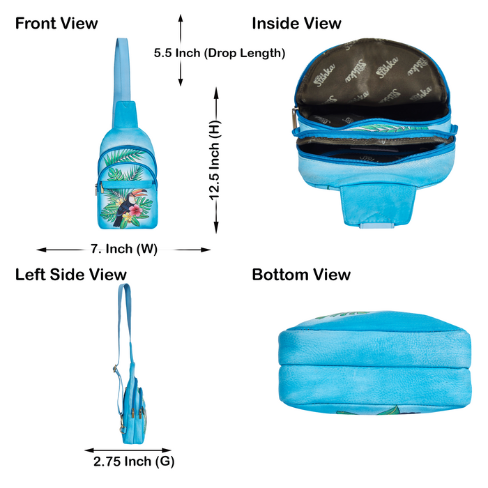 Tropical blue art fanny pack for travel and hands-free carry-infographic image