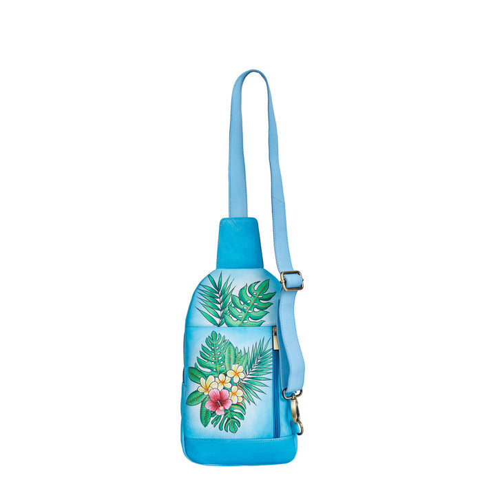 Tropical blue art fanny pack for travel and hands-free carry-back view