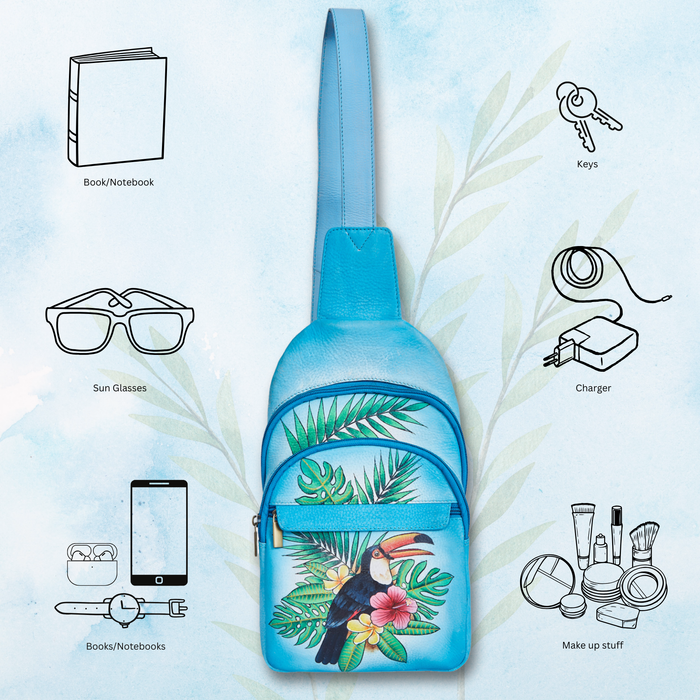Tropical blue art fanny pack for travel and hands-free carry-feature image