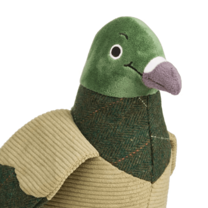 A close-up of a House of Paws plush pigeon toy with a green head, purple beak, dark green plaid neck, and beige ribbed wing on a plain white background.