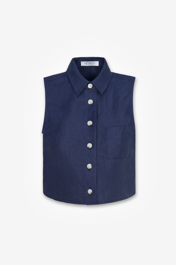 HEVRON Katja Top Dark Indigo Linen Top, product front view