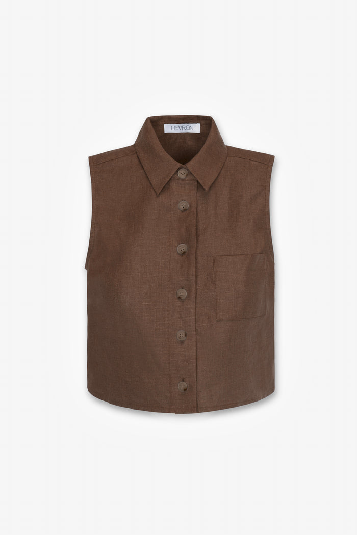 HEVRON Katja Top Chocolate Linen Top, product front view