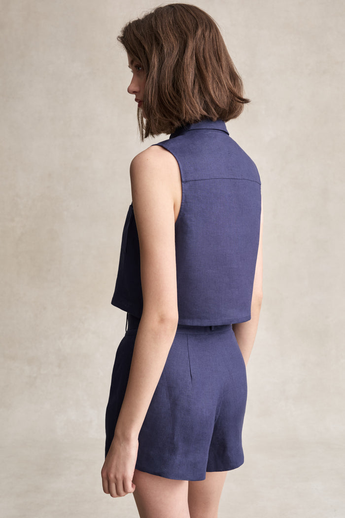 HEVRON Zinna Short Dark Indigo Linen Shorts for Women, studio shot