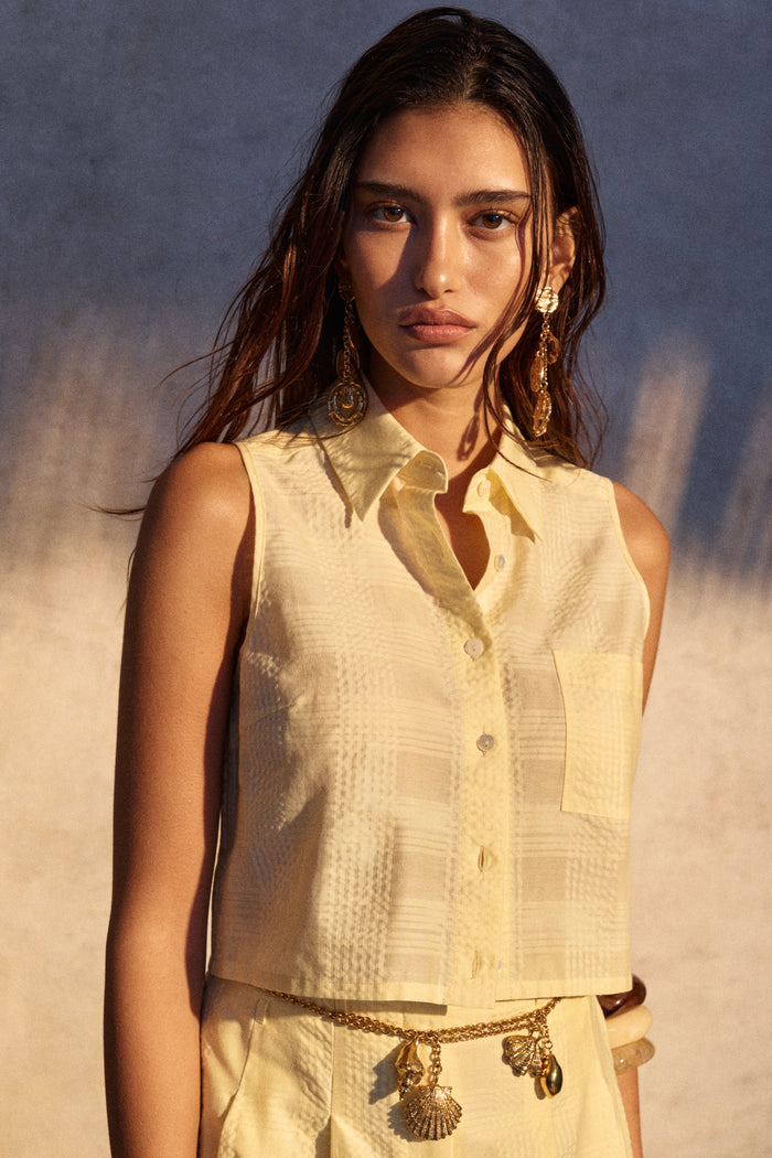 HEVRON Katja Top Yellow Sleeveless Silk Cotton Top, editorial lookbook image