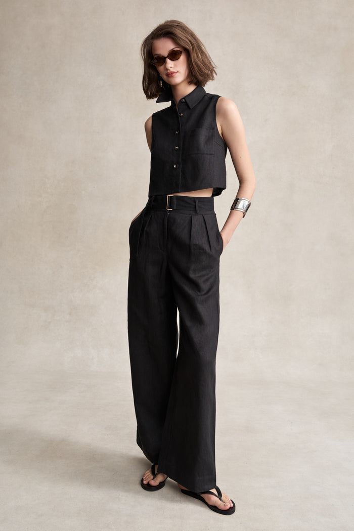 HEVRON Alina Pant Black Wide-Leg Linen Pants, studio shot
