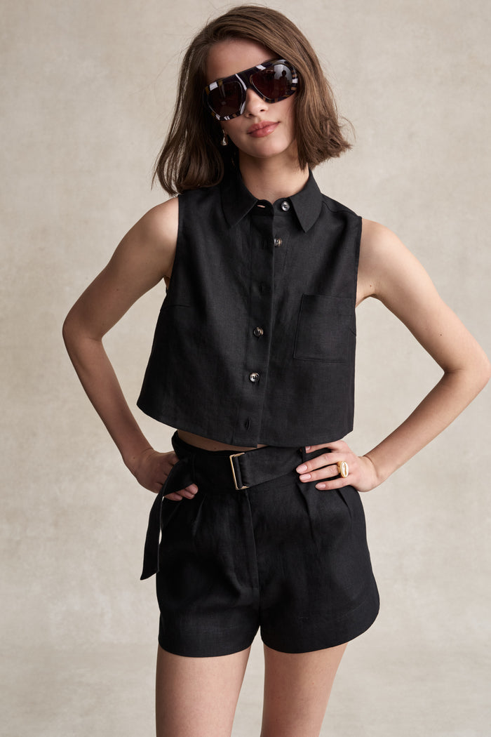 HEVRON Katja Top Black Linen Top, studio shot