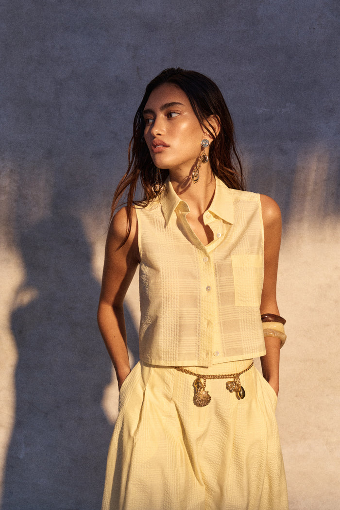 HEVRON Katja Top Yellow Sleeveless Silk Cotton Top, editorial lookbook image