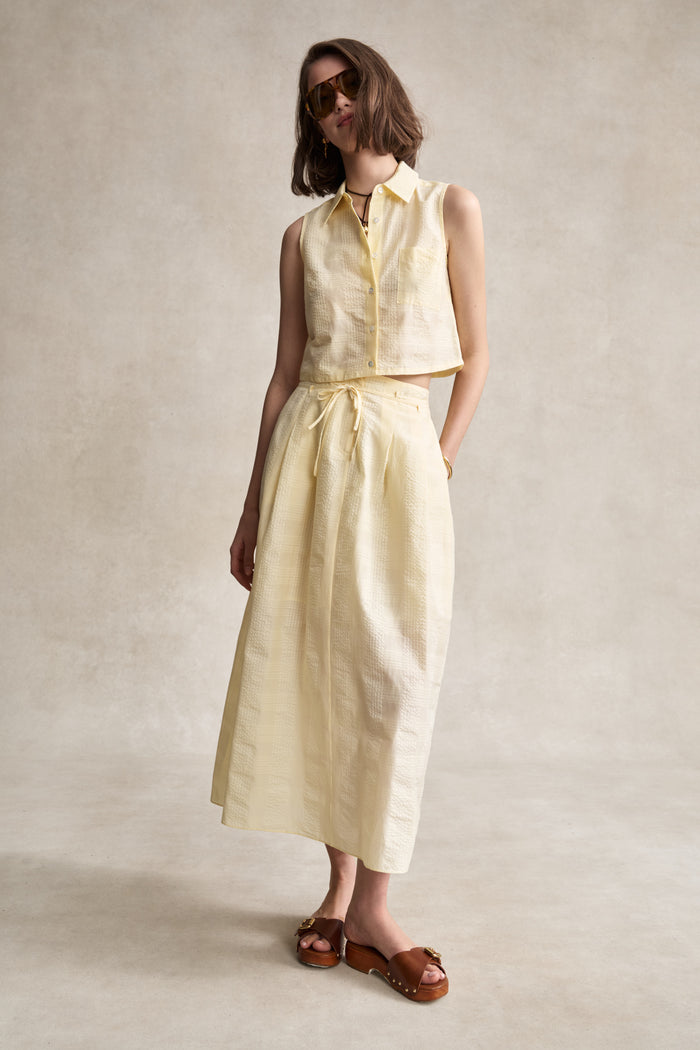 HEVRON Amaris Skirt Butter Plaid A-Line Midi Skirt, studio shot
